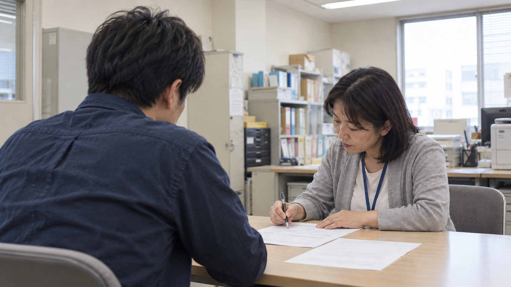 相談窓口で支援者と書類を確認するイメージ
